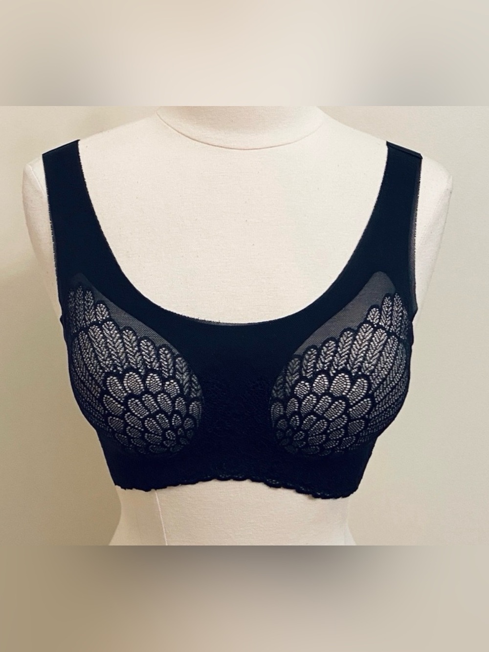 Black Lace Wings Design L Gothic Whimsical Romantic Boho Padded Push Up Bralette
